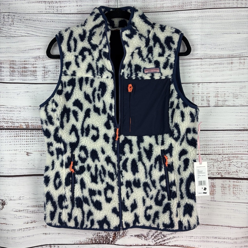 NWT Vineyard Vines Leopard Print Mixed Media Sherpa Vest Supershep Women's SMALL